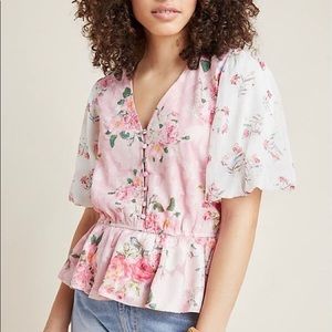 Anthropologie Hemant and Nandita Rose Garden Pink Cross Stitch Peplum Blouse Med